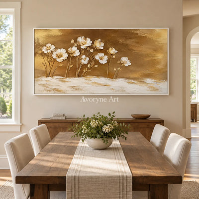 Gilded Meadow: White Flowers Gold Panoramic Art — dining white