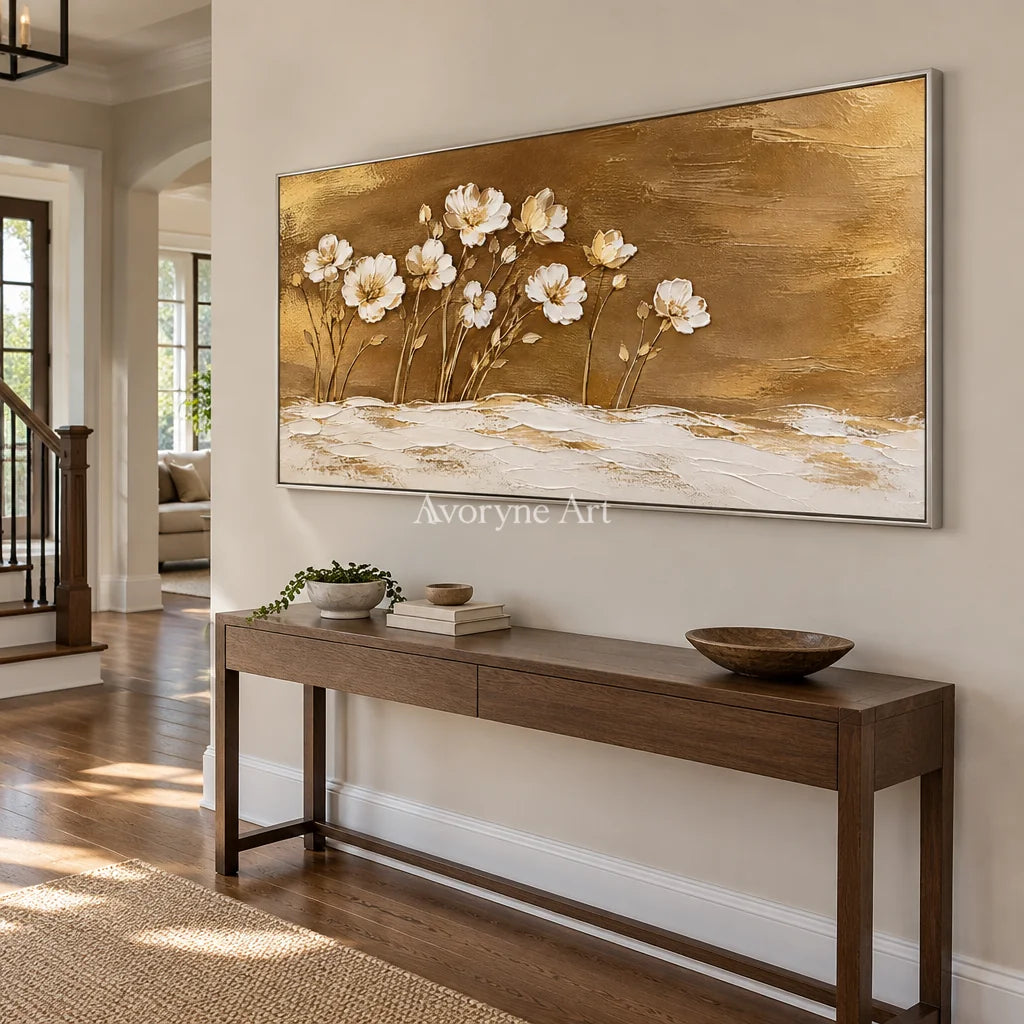 Gilded Meadow: White Flowers Gold Panoramic Art — entry silver