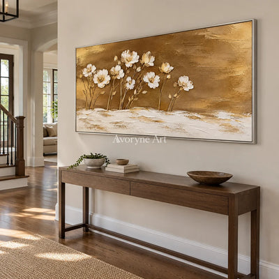 Gilded Meadow: White Flowers Gold Panoramic Art — entry silver