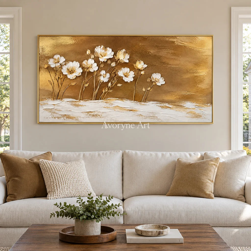 Gilded Meadow: White Flowers Gold Panoramic Art — living gold