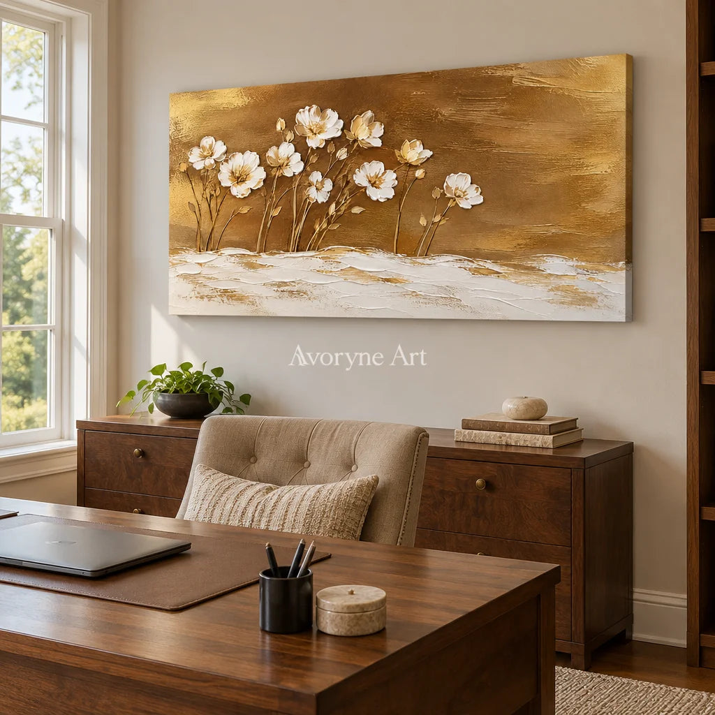 Gilded Meadow: White Flowers Gold Panoramic Art — office frameless