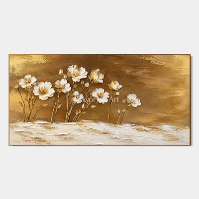 Gilded Meadow: White Flowers Gold Panoramic Art — primary