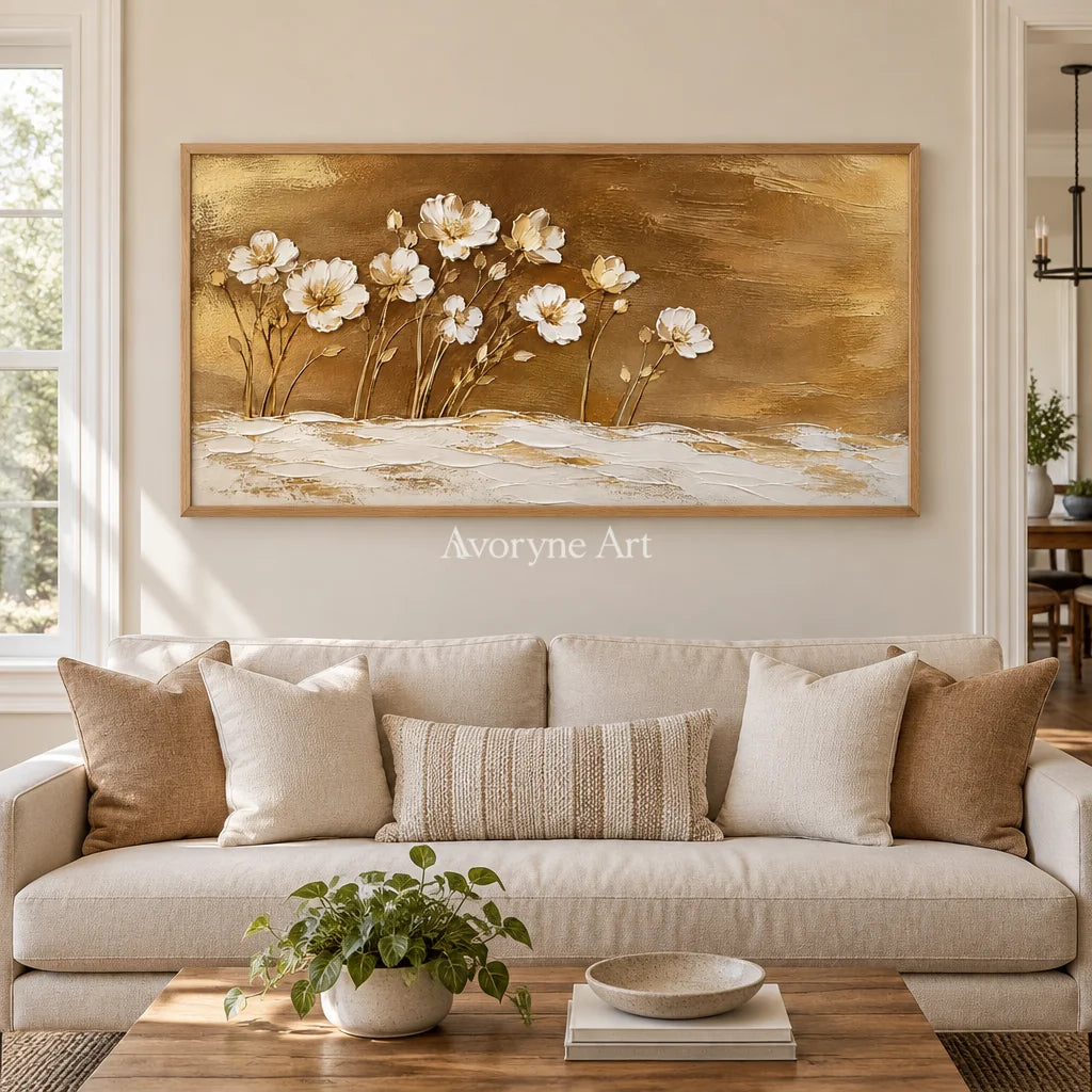 Gilded Meadow: White Flowers Gold Panoramic Art — villa wood