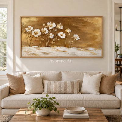 Gilded Meadow: White Flowers Gold Panoramic Art — villa wood