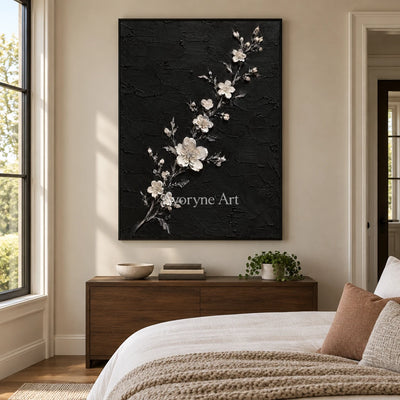 Blossoms at Dusk: White Flowers on Black Wall Art — bedroom black