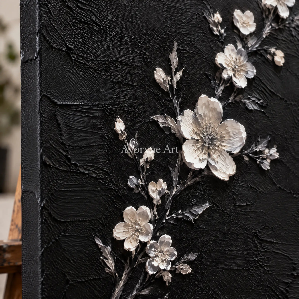 Blossoms at Dusk: White Flowers on Black Wall Art — detail easel