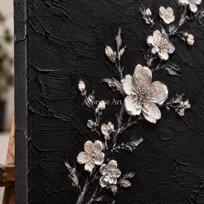 Blossoms at Dusk: White Flowers on Black Wall Art — detail easel