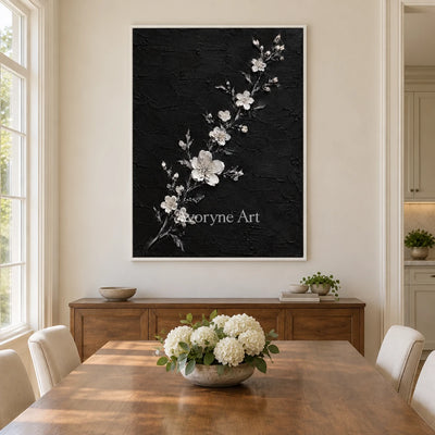 Blossoms at Dusk: White Flowers on Black Wall Art — dining white