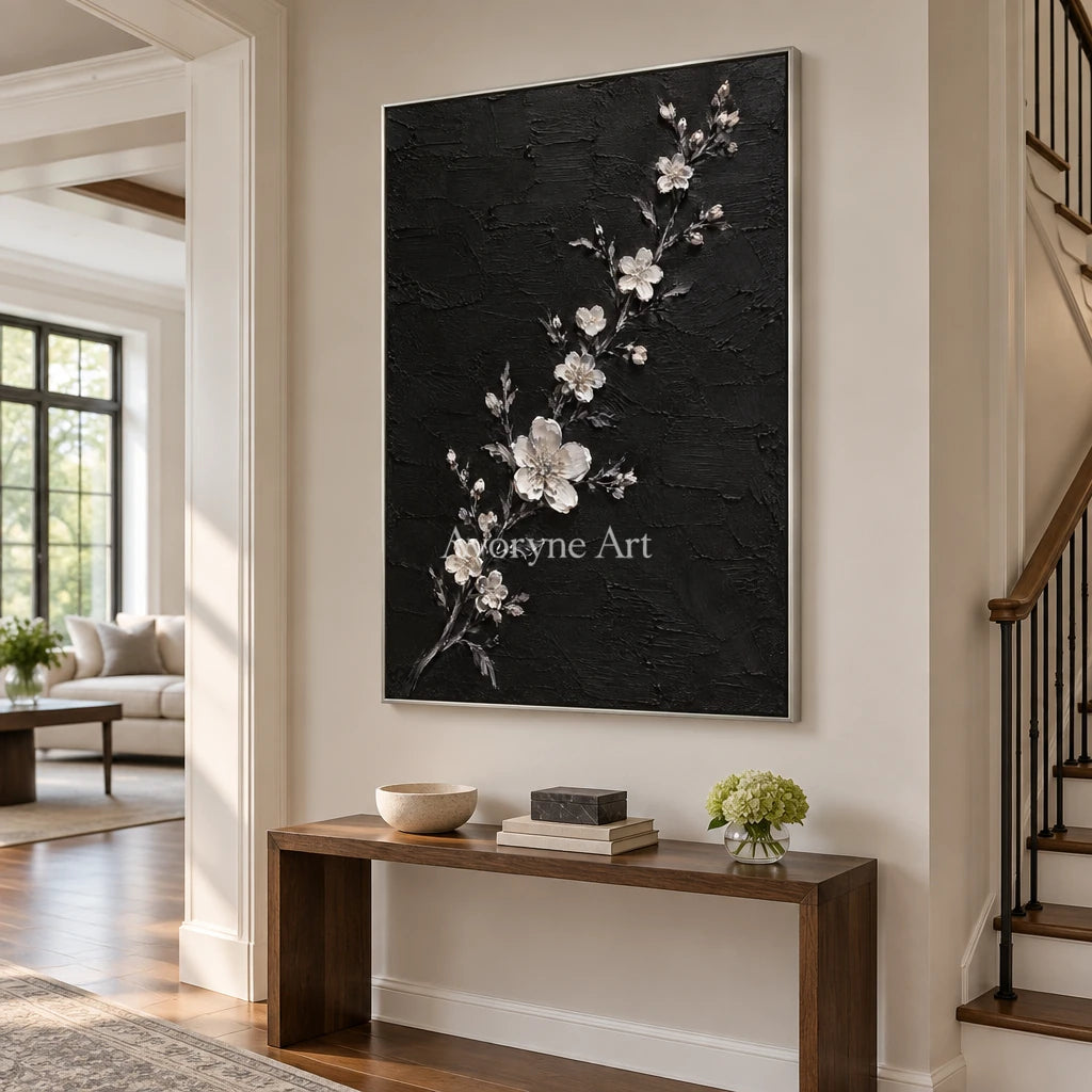 Blossoms at Dusk: White Flowers on Black Wall Art — entry silver