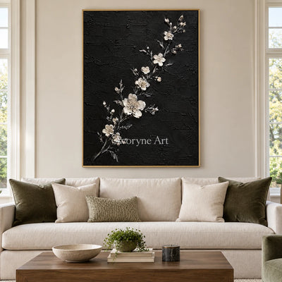 Blossoms at Dusk: White Flowers on Black Wall Art — living gold