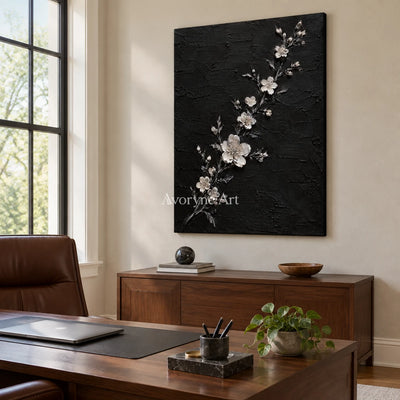 Blossoms at Dusk: White Flowers on Black Wall Art — office frameless
