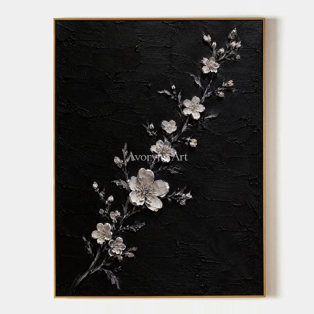Blossoms at Dusk: White Flowers on Black Wall Art — primary