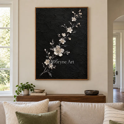 Blossoms at Dusk: White Flowers on Black Wall Art — villa wood