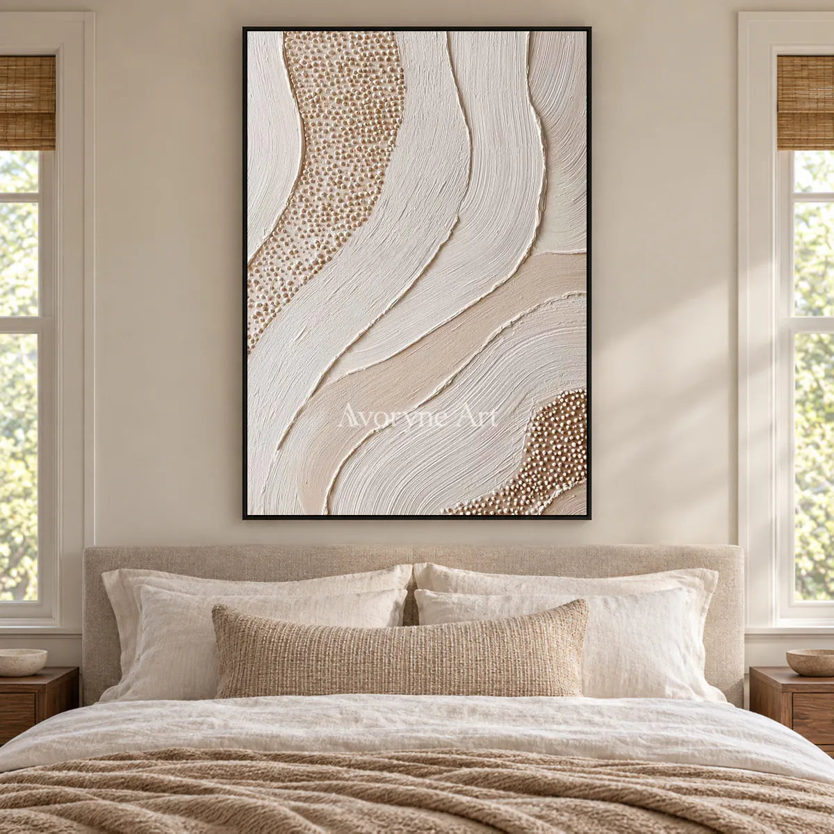 Pearled Undercurrent: White Flowing Texture and Dot Relief Wall Art — bedroom black