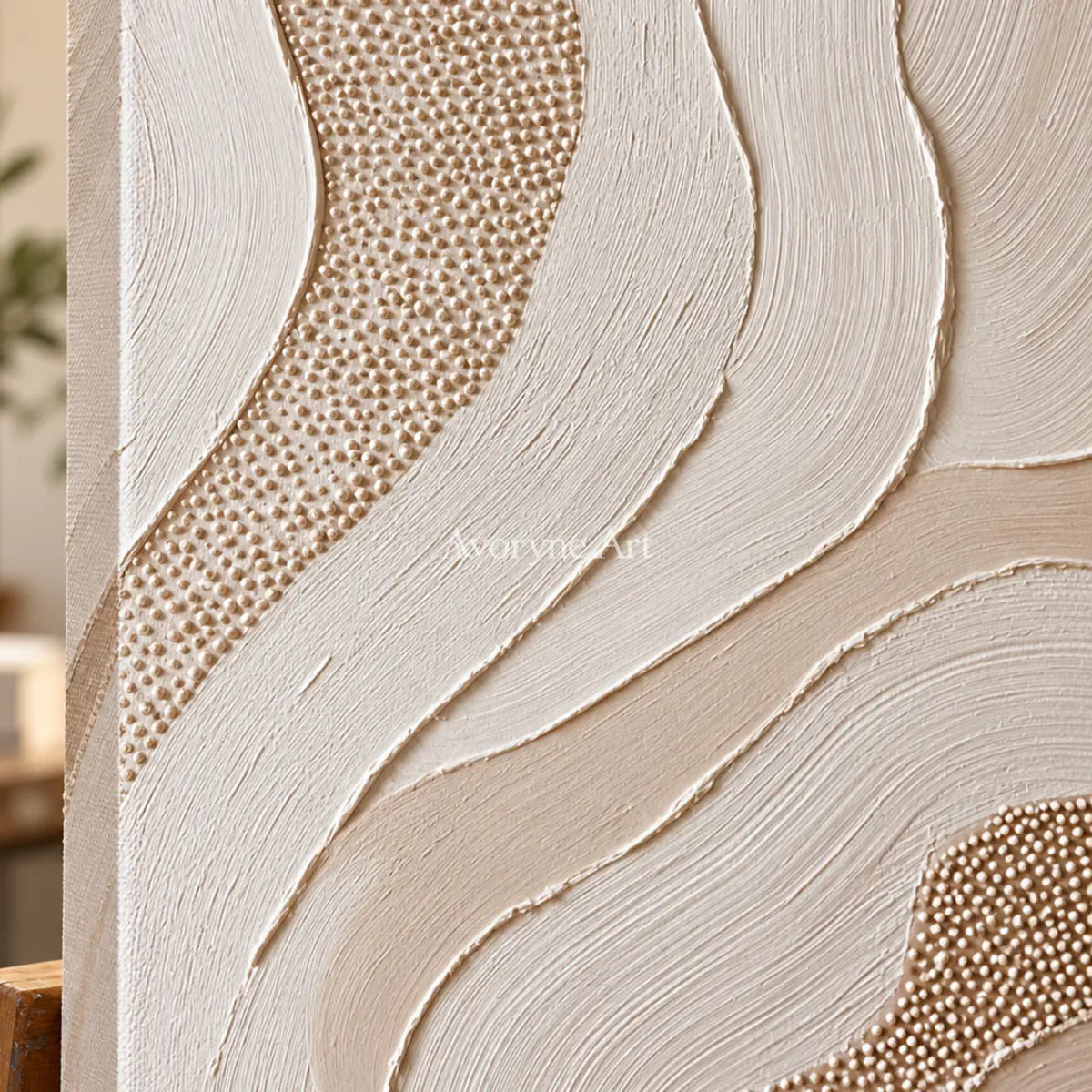 Pearled Undercurrent: White Flowing Texture and Dot Relief Wall Art — detail easel