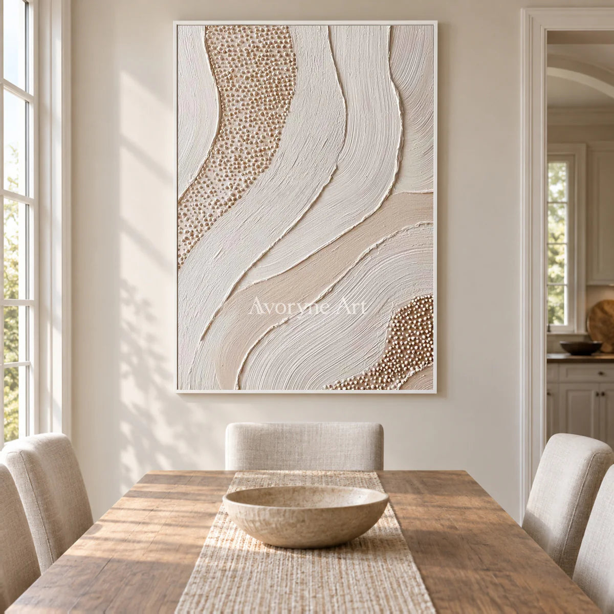 Pearled Undercurrent: White Flowing Texture and Dot Relief Wall Art — dining white