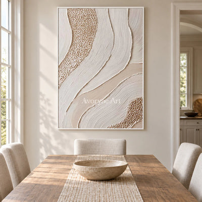 Pearled Undercurrent: White Flowing Texture and Dot Relief Wall Art — dining white