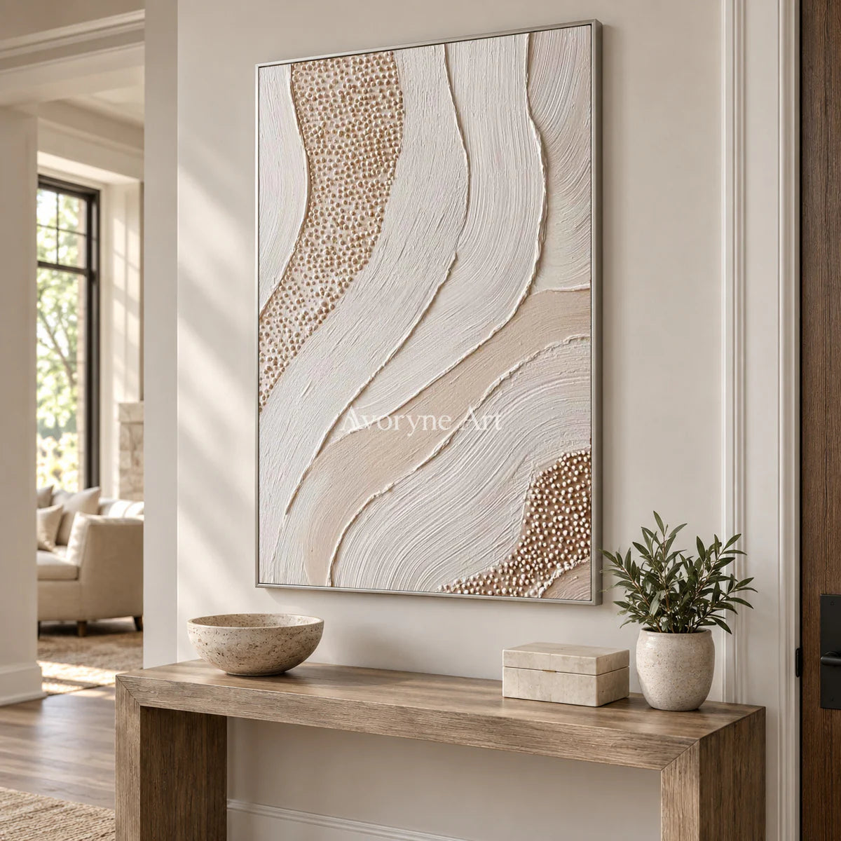 Pearled Undercurrent: White Flowing Texture and Dot Relief Wall Art — entry silver