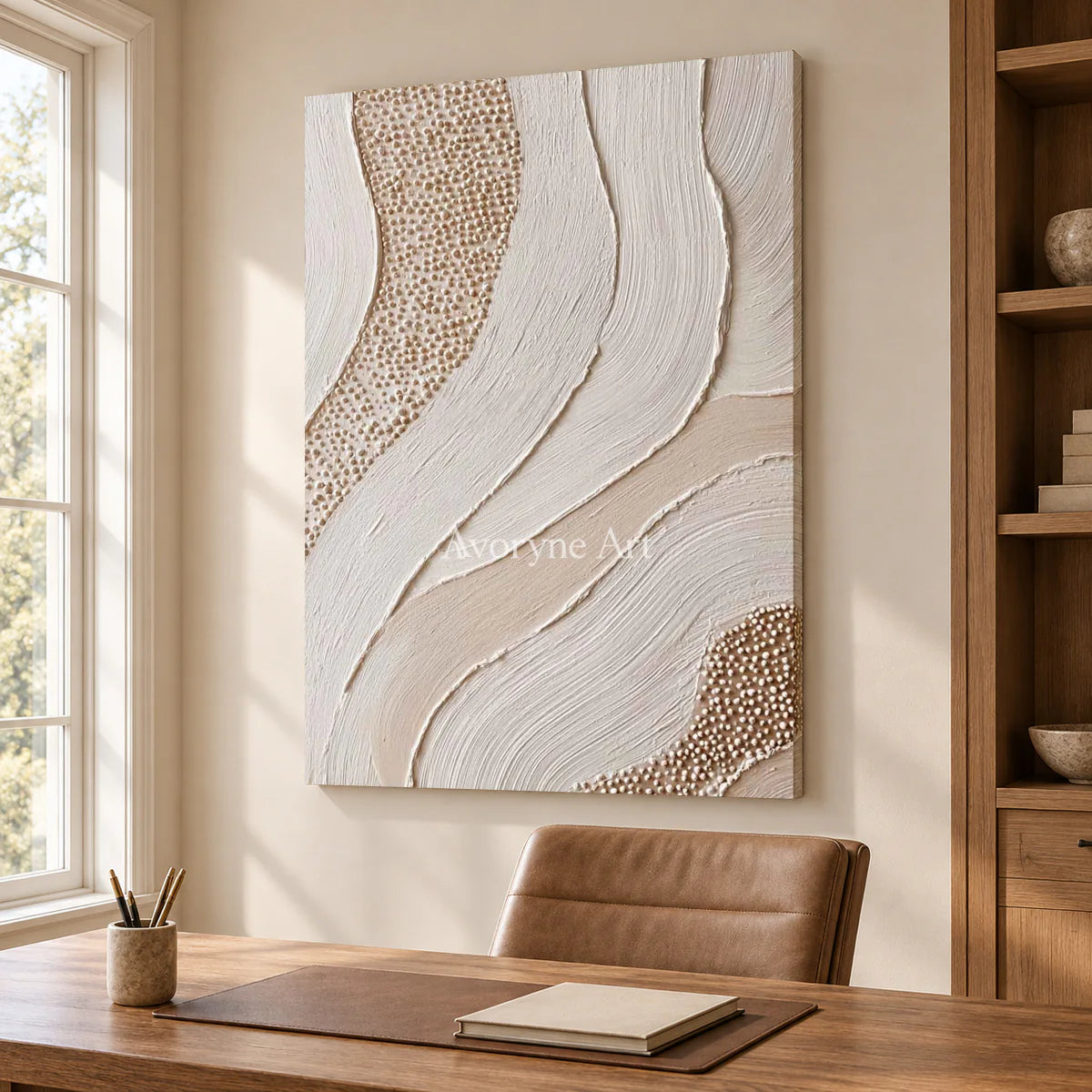 Pearled Undercurrent: White Flowing Texture and Dot Relief Wall Art — office frameless