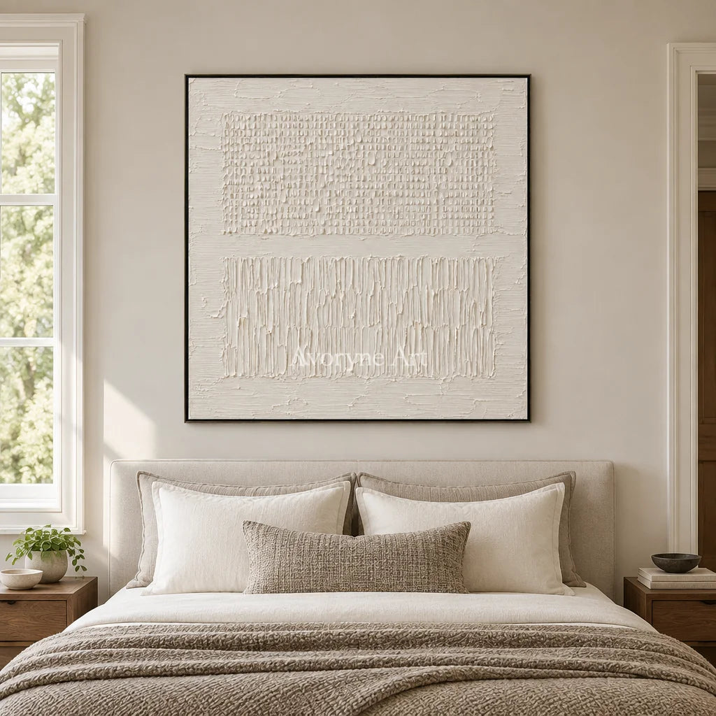 Pale Framework: White Grid Relief Wall Art — bedroom black