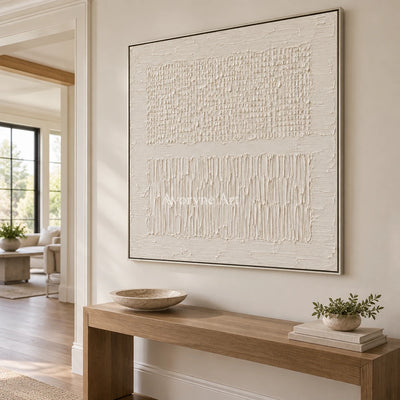 Pale Framework: White Grid Relief Wall Art — entry silver