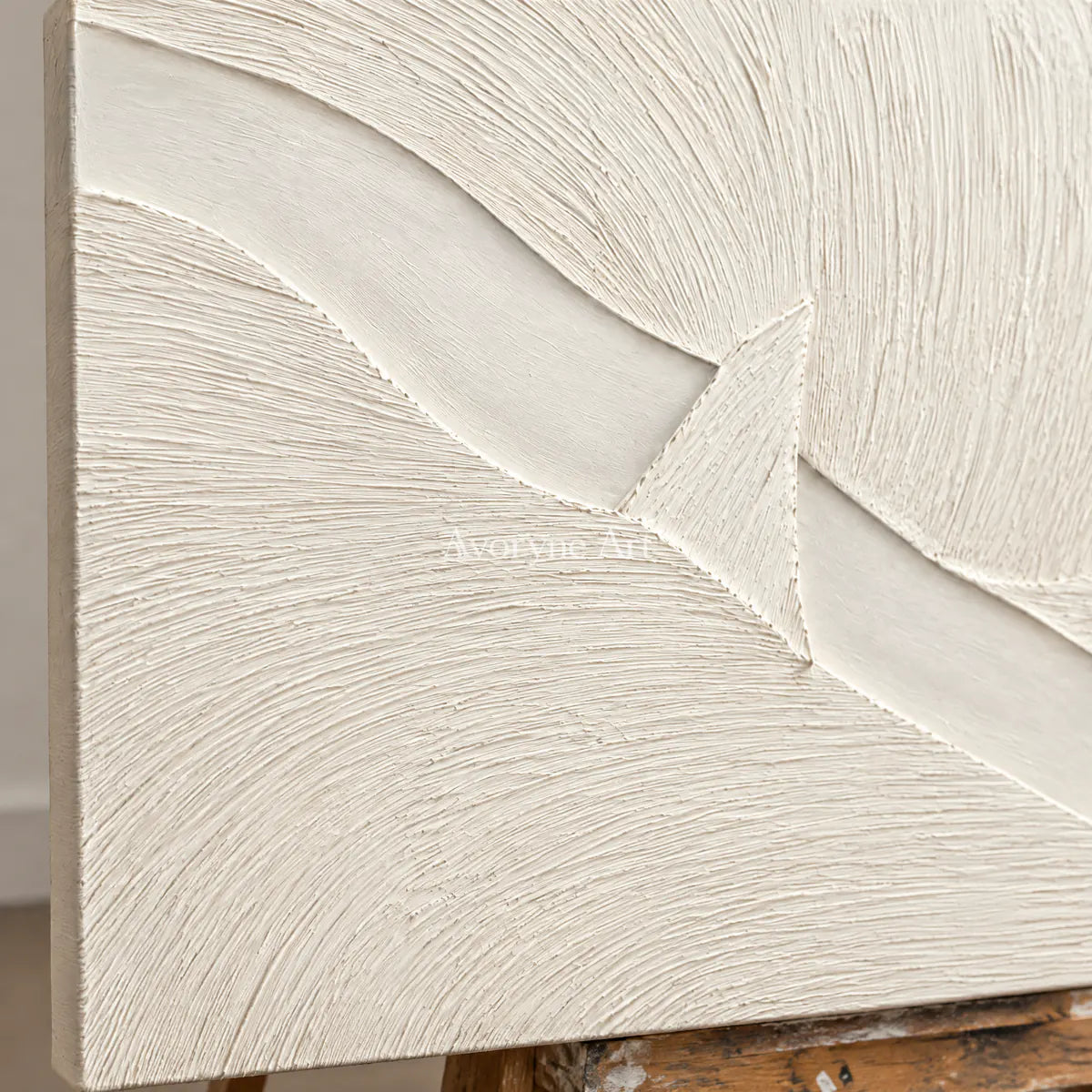 Ivory Crossing: White Grooved Abstract Wall Art — detail easel