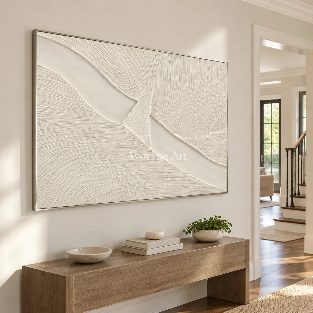 Ivory Crossing: White Grooved Abstract Wall Art — entry silver
