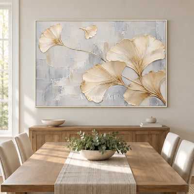Ginkgo Poise: White Ivory Botanical Relief Wall Art — dining white