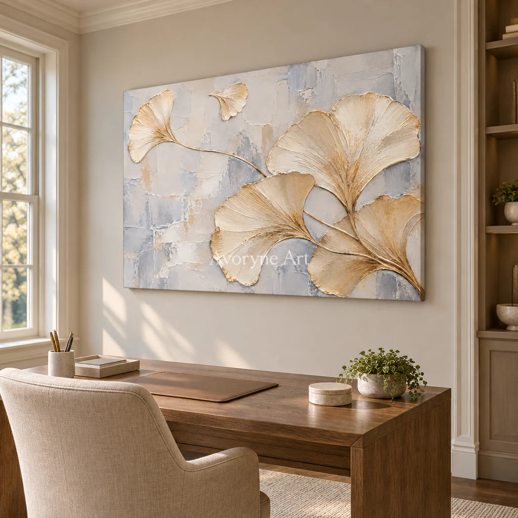 Ginkgo Poise: White Ivory Botanical Relief Wall Art — office frameless