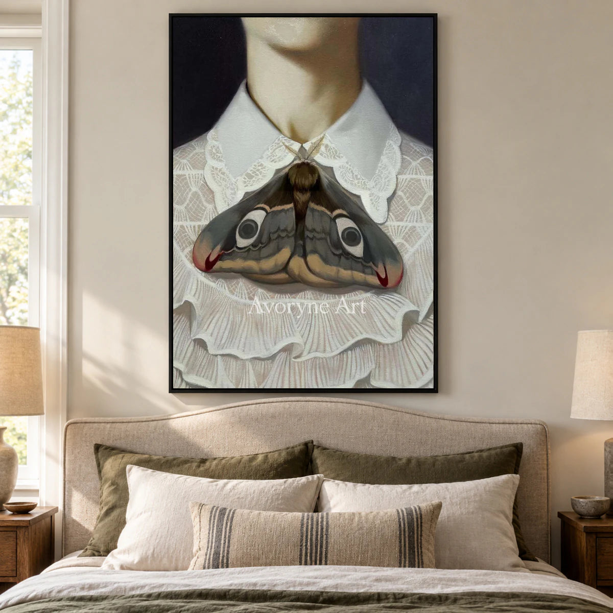 Wing at the Collar: White Lace and Moth Portrait Wall Art — bedroom black