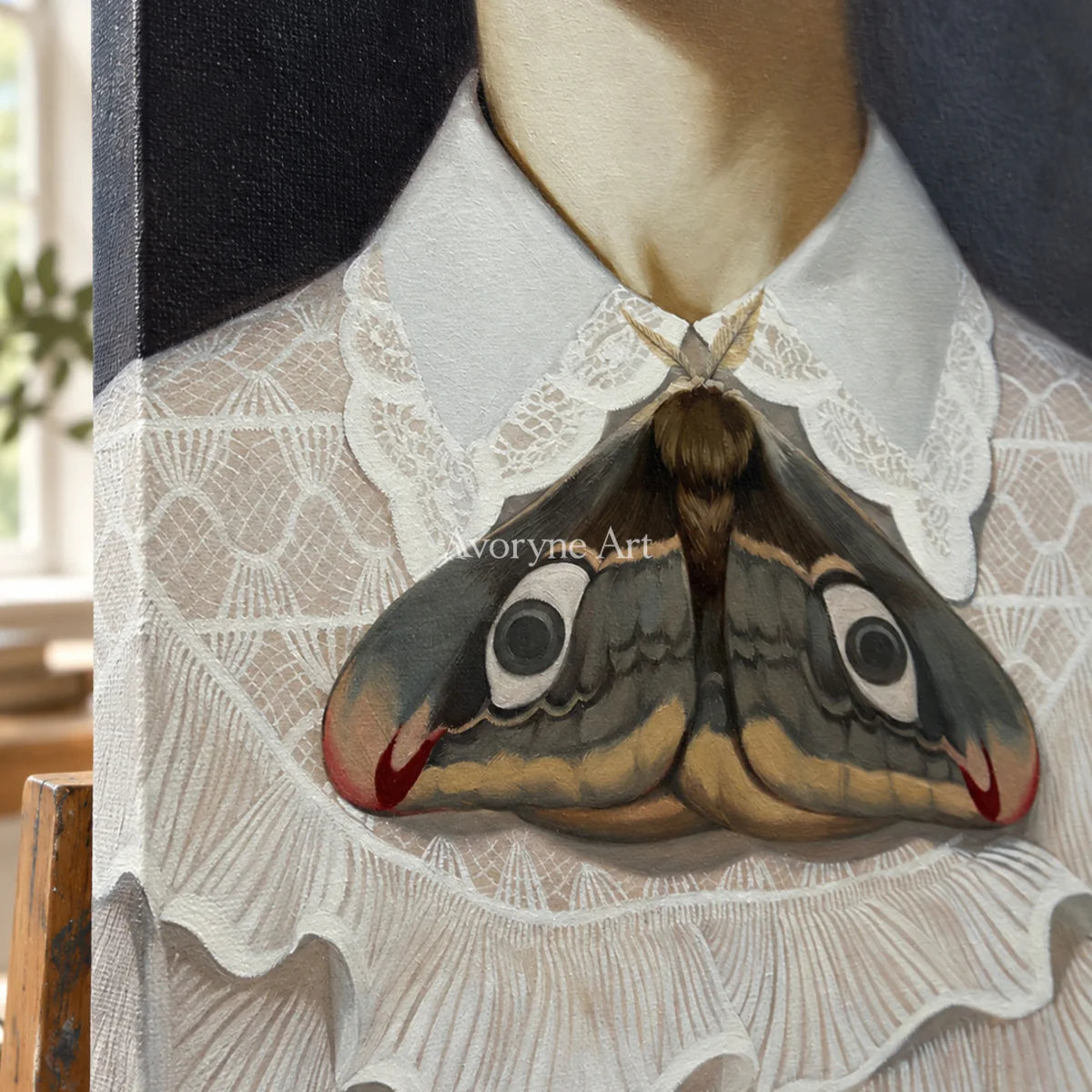 Wing at the Collar: White Lace and Moth Portrait Wall Art — detail easel