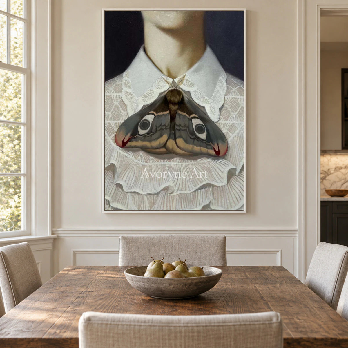 Wing at the Collar: White Lace and Moth Portrait Wall Art — dining white