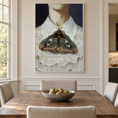 Wing at the Collar: White Lace and Moth Portrait Wall Art — dining white