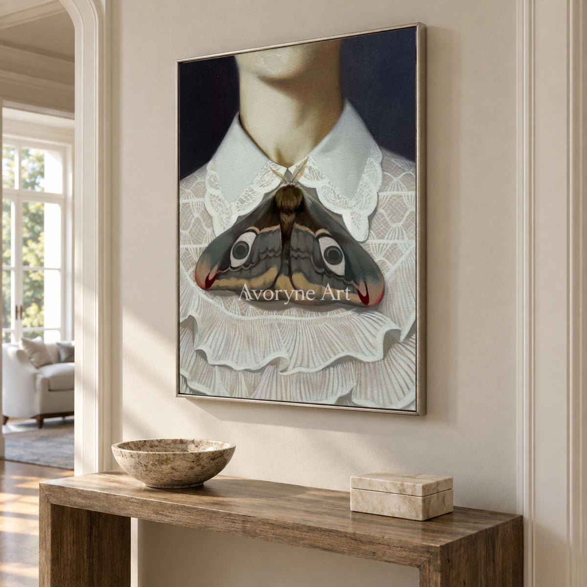 Wing at the Collar: White Lace and Moth Portrait Wall Art — entry silver