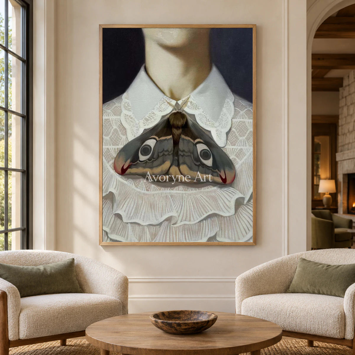 Wing at the Collar: White Lace and Moth Portrait Wall Art — hotel wood
