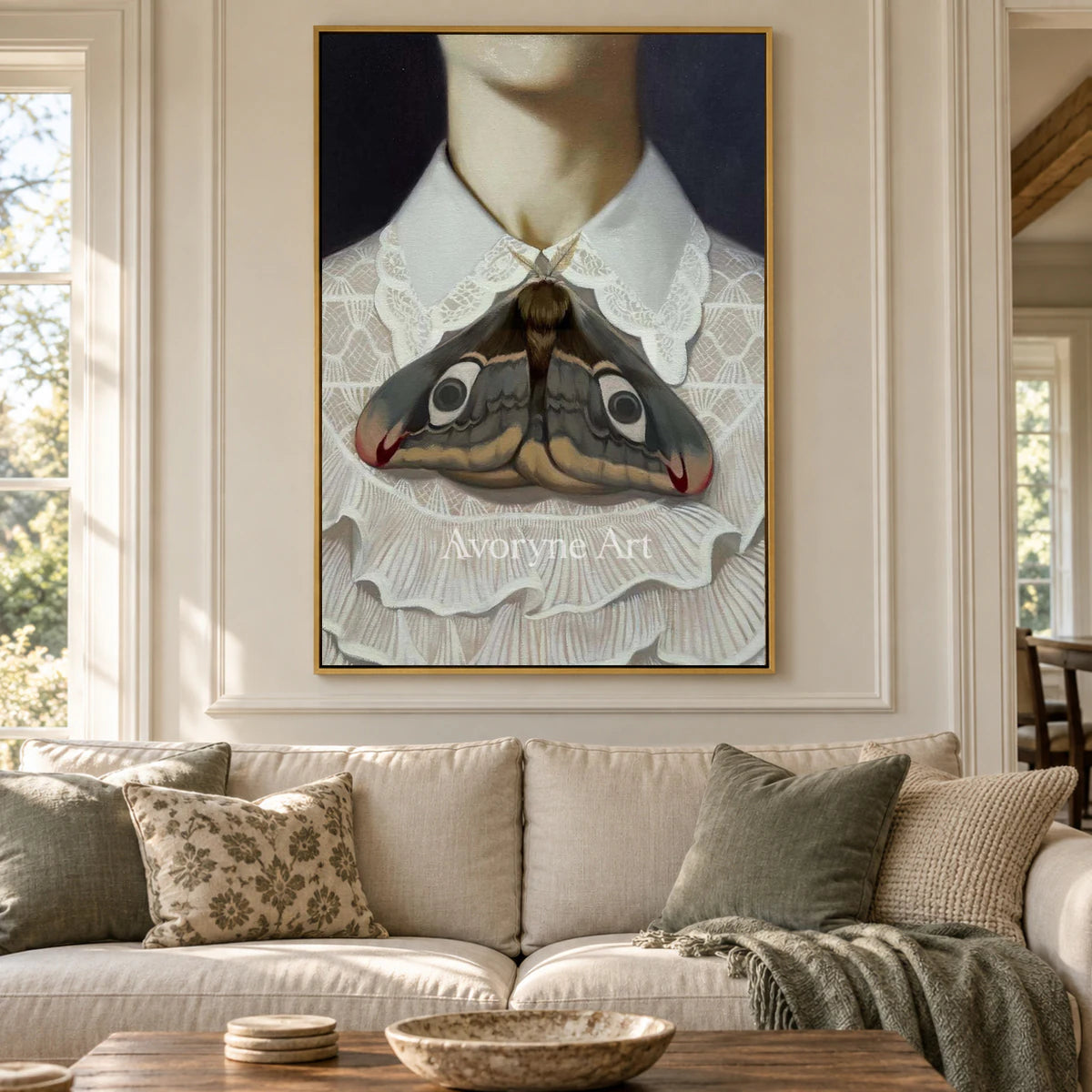 Wing at the Collar: White Lace and Moth Portrait Wall Art — living gold