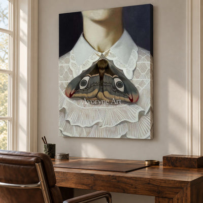 Wing at the Collar: White Lace and Moth Portrait Wall Art — office frameless