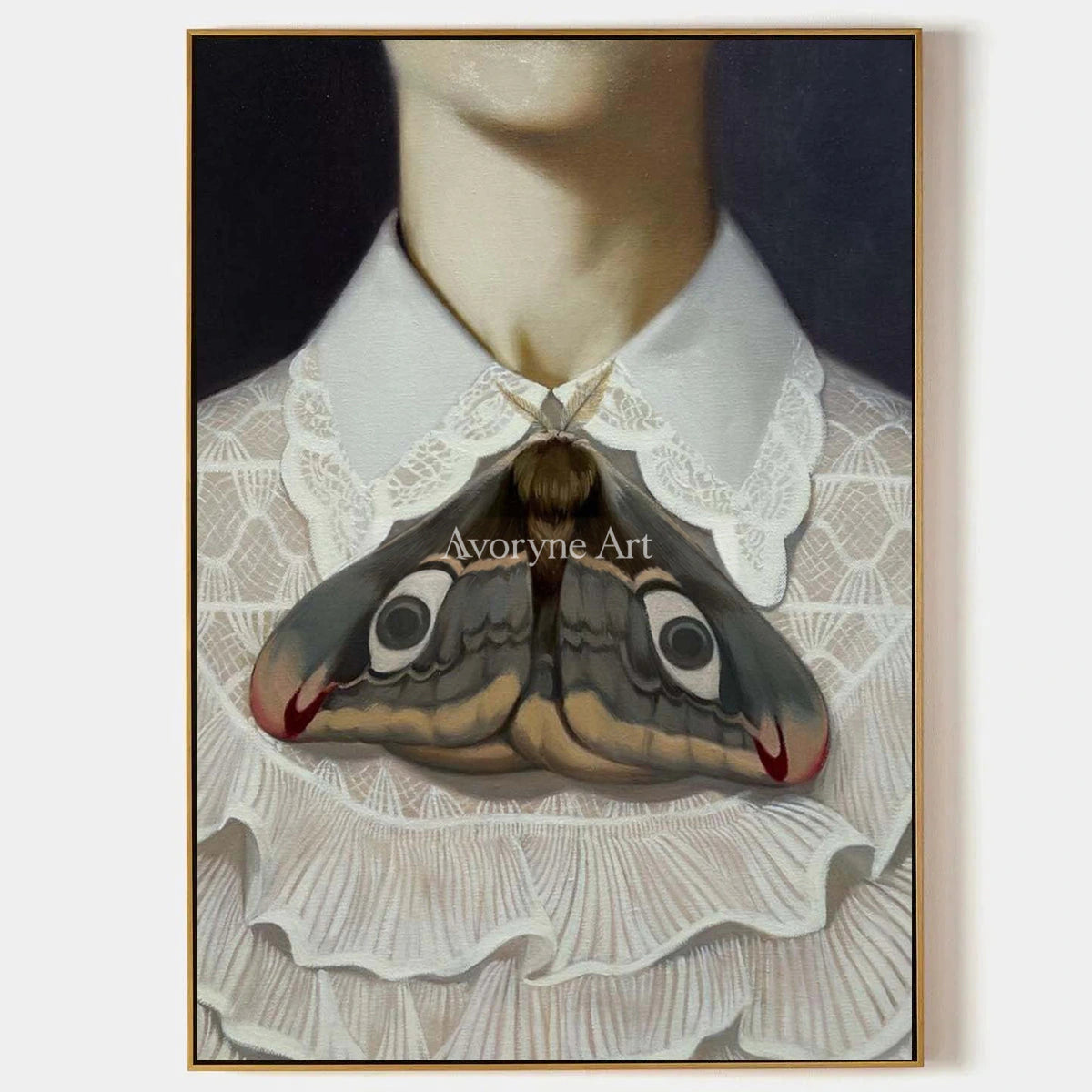 Wing at the Collar: White Lace and Moth Portrait Wall Art — primary