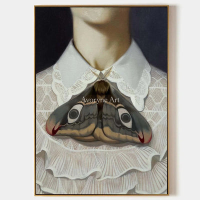 Wing at the Collar: White Lace and Moth Portrait Wall Art — primary