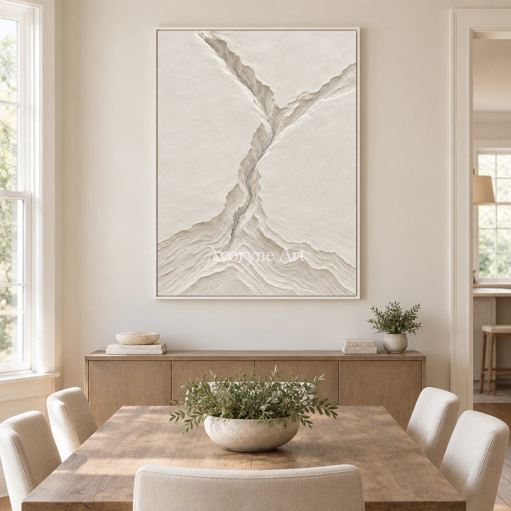 Glacial Channels: White Landscape Relief Wall Art — dining white