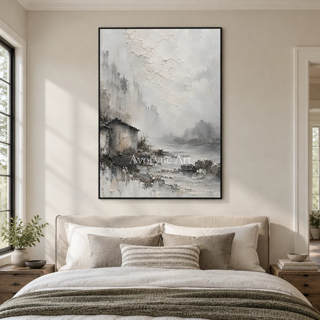 Mist Shelter: White Landscape Texture Art — bedroom black