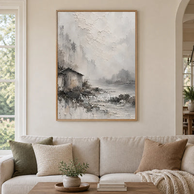 Mist Shelter: White Landscape Texture Art — villa wood