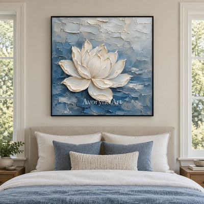 Lotus in Blue: White Lotus Texture Wall Art — bedroom black