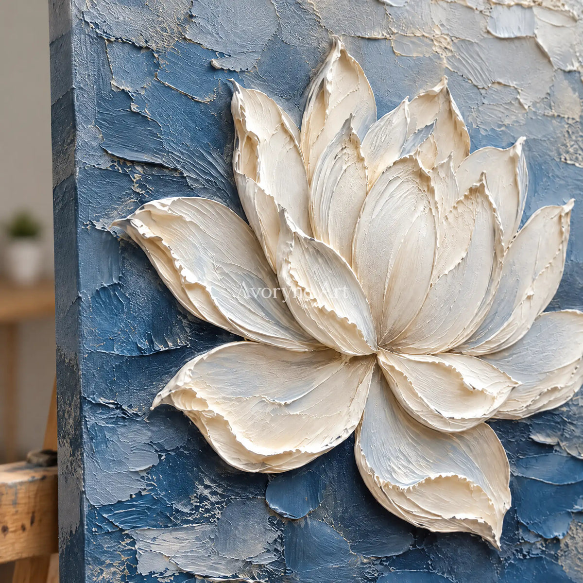 Lotus in Blue: White Lotus Texture Wall Art — detail easel