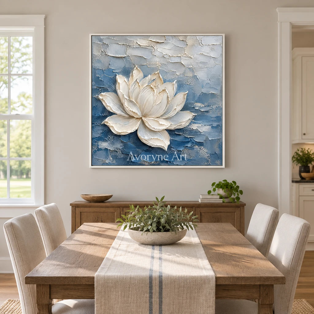 Lotus in Blue: White Lotus Texture Wall Art — dining white