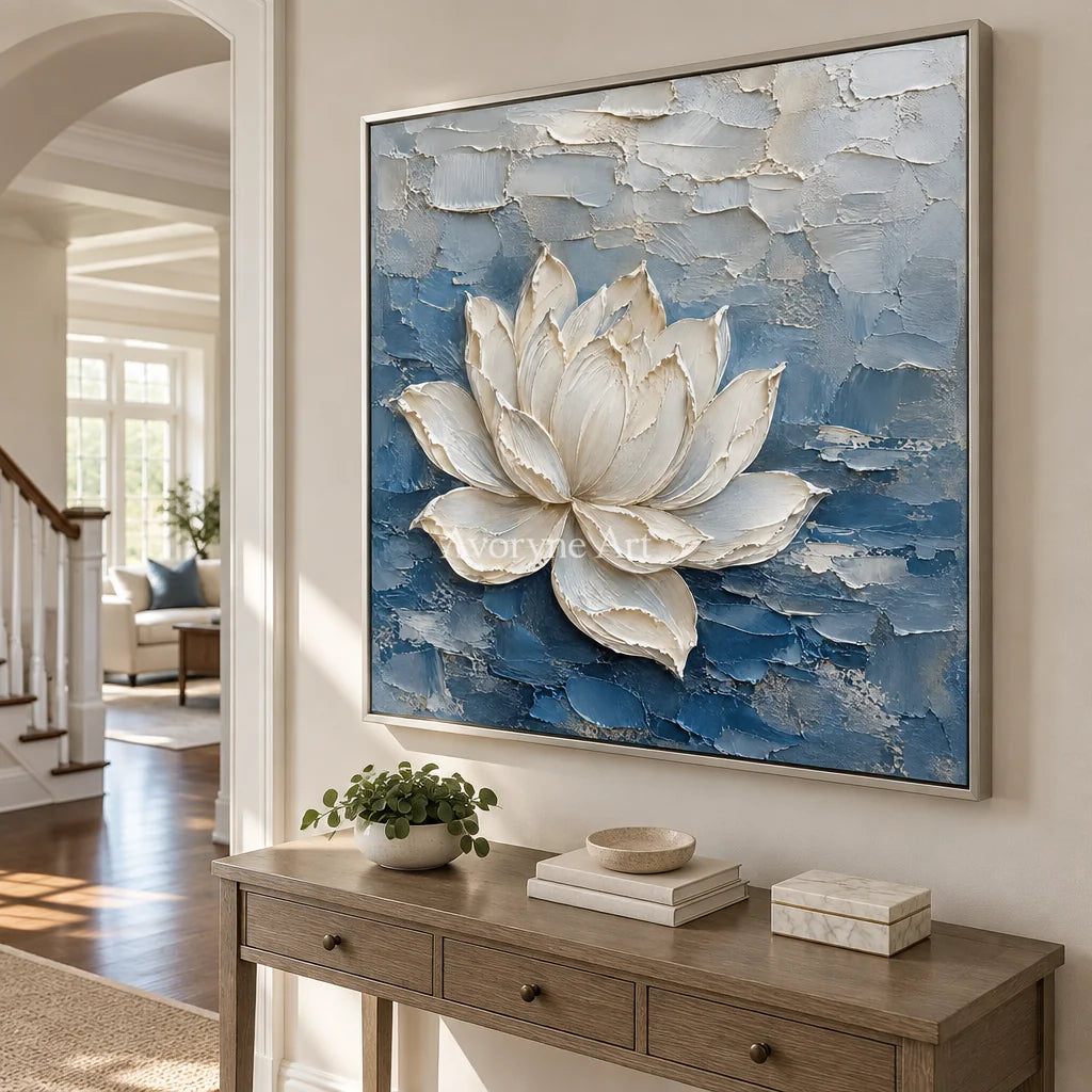 Lotus in Blue: White Lotus Texture Wall Art — entry silver