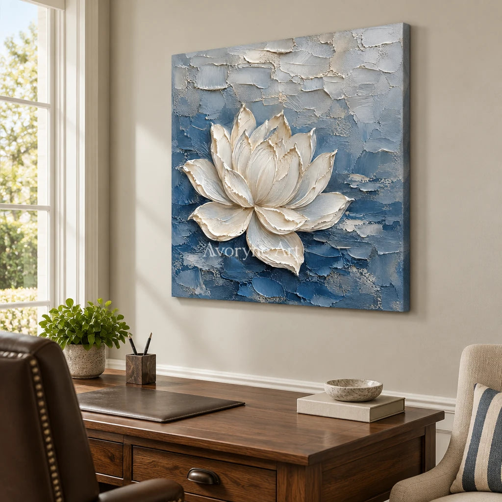 Lotus in Blue: White Lotus Texture Wall Art — office frameless