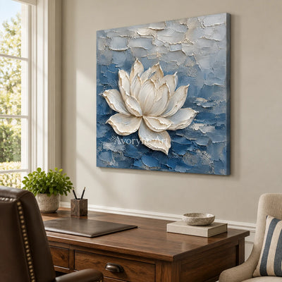 Lotus in Blue: White Lotus Texture Wall Art — office frameless