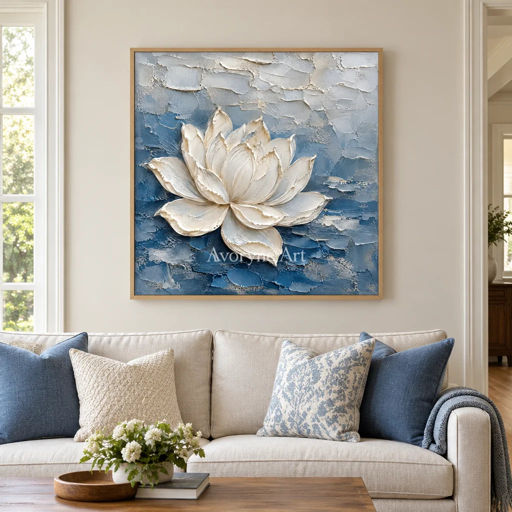 Lotus in Blue: White Lotus Texture Wall Art — villa wood