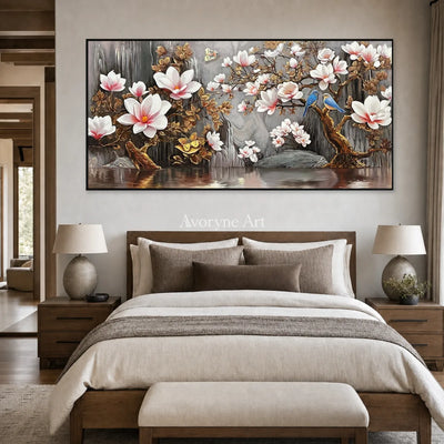 Magnolia Cascade: White Magnolia and Birds Panoramic Wall Art — bedroom black